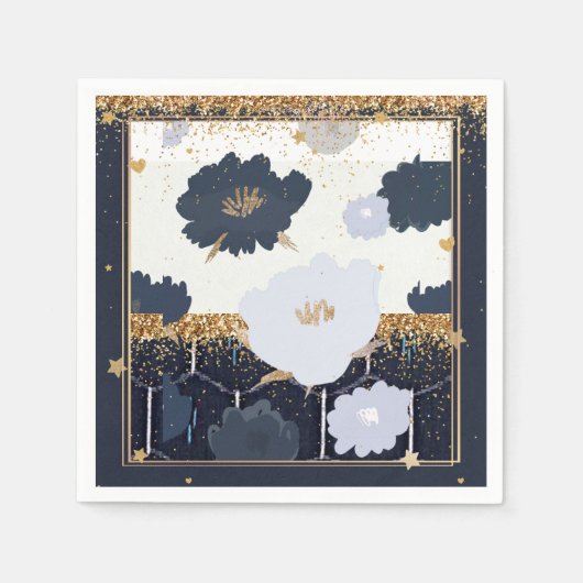 ビューティフルネイビーブルーと金ゴールドフローラデザイン スタンダードカクテルナプキン (正面)