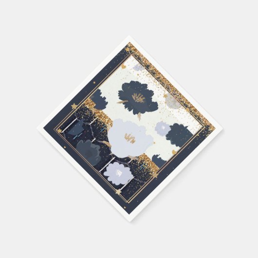ビューティフルネイビーブルーと金ゴールドフローラデザイン スタンダードカクテルナプキン (角)