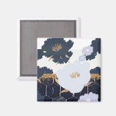 ビューティフルネイビーブルーと金ゴールドフローラデザイン マグネット (正面/裏面)