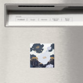 ビューティフルネイビーブルーと金ゴールドフローラデザイン マグネット (インサイチュ (食洗機))