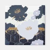 ビューティフルネイビーブルーと金ゴールドフローラデザイン マグネット (正面)