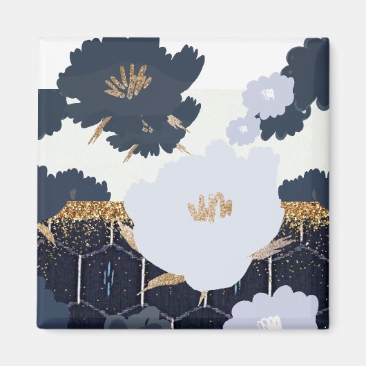 ビューティフルネイビーブルーと金ゴールドフローラデザイン マグネット (正面)