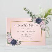 ビューティフルネイビーブルー赤面ピンク金ゴールドフローラ結婚ズ セーブザデート (スタンド正面)