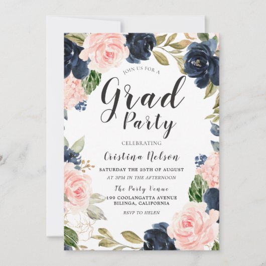 ビューティフルネイビー赤面ガールズグラードパーティー卒業 招待状 (正面)