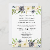 ビューティフルネイビー&ホワイトシャンパン結婚フローラ 招待状 (正面)