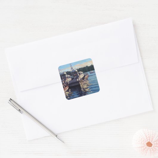 ビューティフルバスハーバーメイン魚釣りボートシーン スクエアシール (封筒)