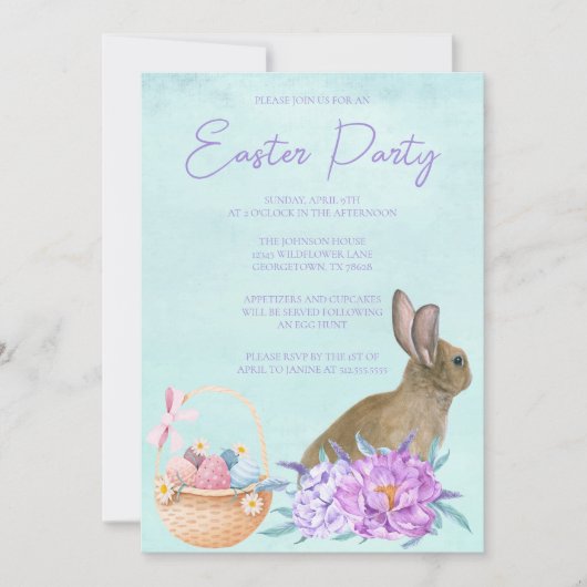 ビューティフルバニーラビットパステルフローライースターパーティー 招待状 (正面)