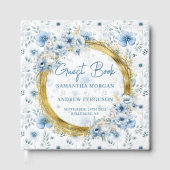 ビューティフルパステルブルーフラワーズ金ゴールド結婚グリッター ゲストブック (正面)