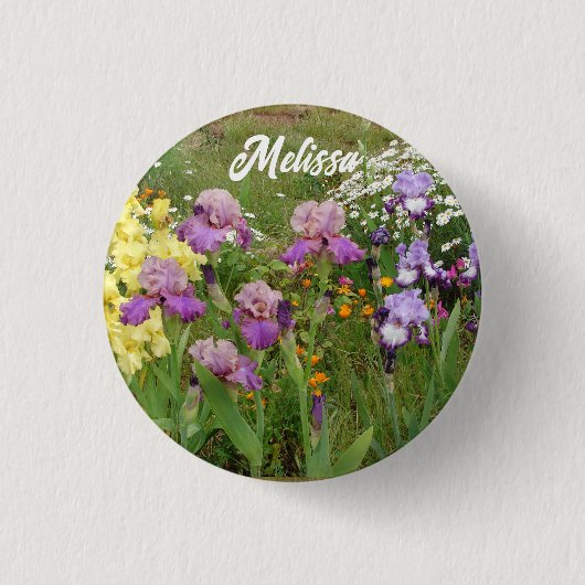 ビューティフルパープルアイリスアイリスフラワーフローラガーデン 缶バッジ (正面)