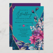 ビューティフルパープルティール(緑がかった色)フローラアゲ結婚ート 招待状 (正面/裏面)