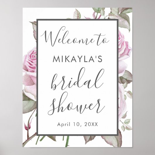 ビューティフルパープルバラブライダルシャワーウェルカムサイン ポスター (正面)
