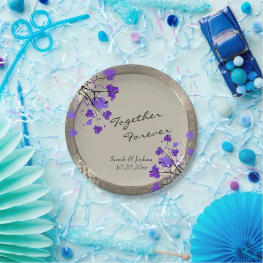 ビューティフルパープルフローラ&アンティークシルバーダマスク ペーパープレート (パーティー)