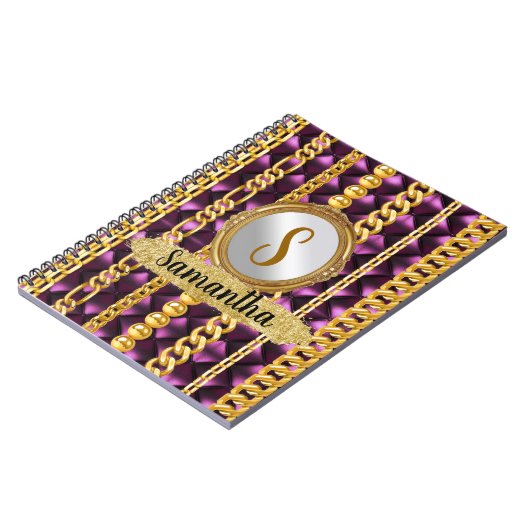 ビューティフルパープルベルベット金ゴールドモノグラムエレガントシック ノートブック (左側)