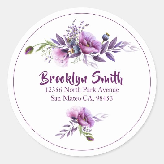 ビューティフルパープルポピーの住所封筒用シール ラウンドシール (正面)