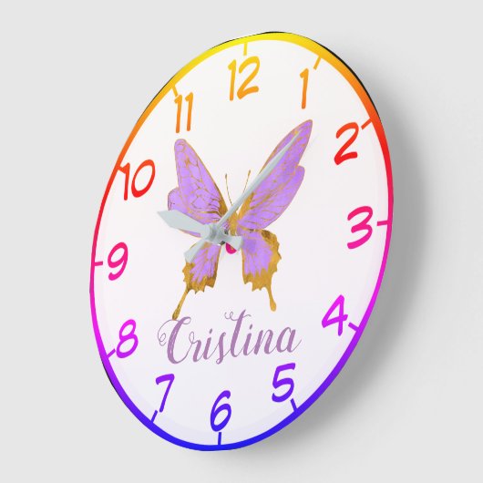 ビューティフルパープル&金ゴールドバタフライ ラージ壁時計 (傾斜)