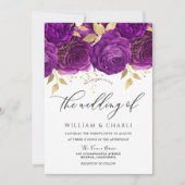 ビューティフルパープル&金ゴールドフローラスパークル結婚ズ 招待状 (正面)