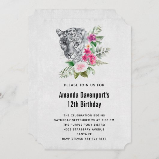 ビューティフルヒョウポートレートウォーターカラー誕生日 招待状 (正面/裏面)