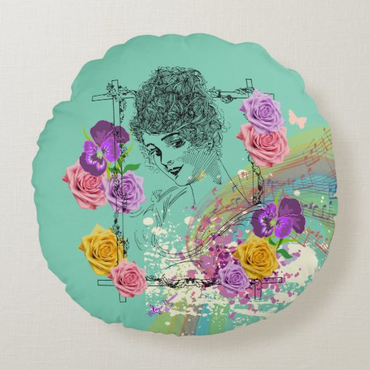 ビューティフルビクトリアンレディティール(緑がかった色)フローララウンドピロー ラウンドクッション (正面)