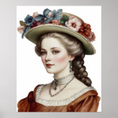 ビューティフルビクトリアンレディブラウンフローラハットポートレート ポスター (正面)