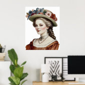 ビューティフルビクトリアンレディブラウンフローラハットポートレート ポスター (ホームオフィス)