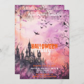 ビューティフルピンクパープル幽霊のよく出るハローウィンパーティ 招待状 (正面/裏面)