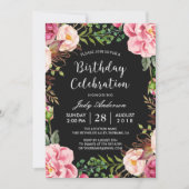 ビューティフルピンクフローラリースガーリーバースデーパーティー 招待状 (正面)