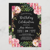 ビューティフルピンクフローラリースガーリーバースデーパーティー 招待状 (正面/裏面)