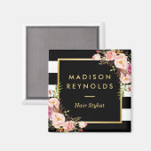 ビューティフルピンクフローラ白黒 ストライプの マグネット (正面/裏面)