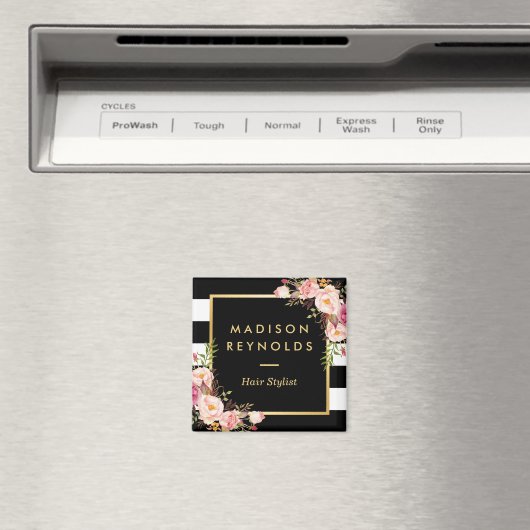 ビューティフルピンクフローラ白黒 ストライプの マグネット (インサイチュ (食洗機))