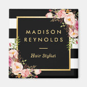 ビューティフルピンクフローラ白黒 ストライプの マグネット (正面)