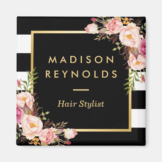 ビューティフルピンクフローラ白黒 ストライプの マグネット (正面)