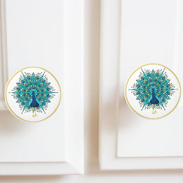 ビューティフルピーコックインブルーティール（緑がかった色）金ゴールド セラミックノブ