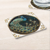 ビューティフルピーコックブルー金ゴールドターコイズアールデコ スクエアペーパーコースター (アングル)