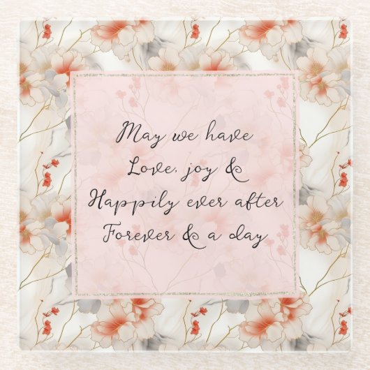 ビューティフルピーチレッドフローラロマン結婚ティーズ ガラスコースター (正面)