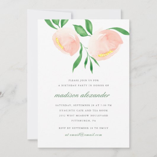 ビューティフルピーチ赤面ウォーターカラーフラワー誕生日 招待状 (正面)