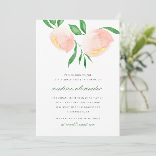 ビューティフルピーチ赤面ウォーターカラーフラワー誕生日 招待状 (スタンド正面)