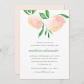 ビューティフルピーチ赤面ウォーターカラーフラワー誕生日 招待状 (正面/裏面)