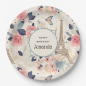 ビューティフルフラワーズ&エッフェルタワーパリ誕生日 ペーパープレート (正面)