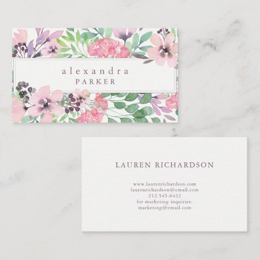 ビューティフルフローラル|トレンディー水彩フレーム 名刺 (正面/裏面)