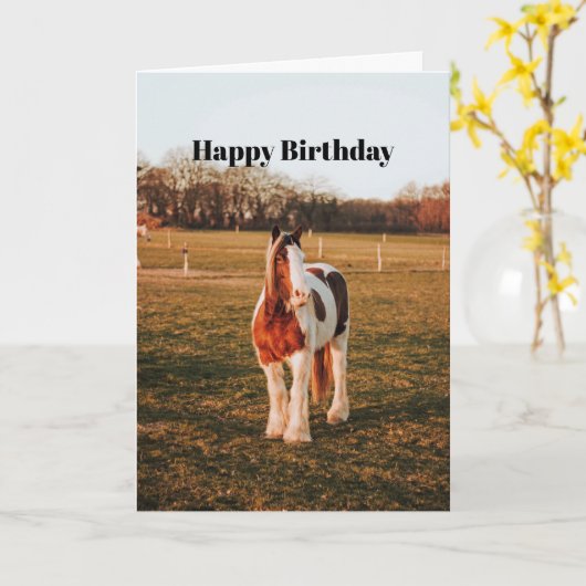 ビューティフルブラウン絵を描荷車を引くホースフォト誕生日 カード (黄色い花)