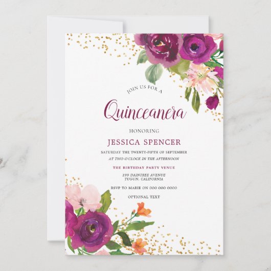 ビューティフルブルガンディピンクフローラキンセアニェラ招待状 招待状 (正面)