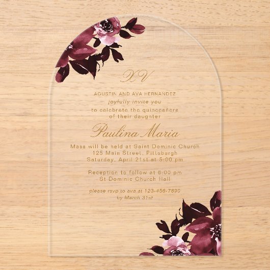 ビューティフルブルゴーニュフローラフォーマルクインセアニラ アクリル招待状 (正面)