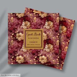 ビューティフルブルゴーニュ赤面金ゴールド結婚フローラ ゲストブック