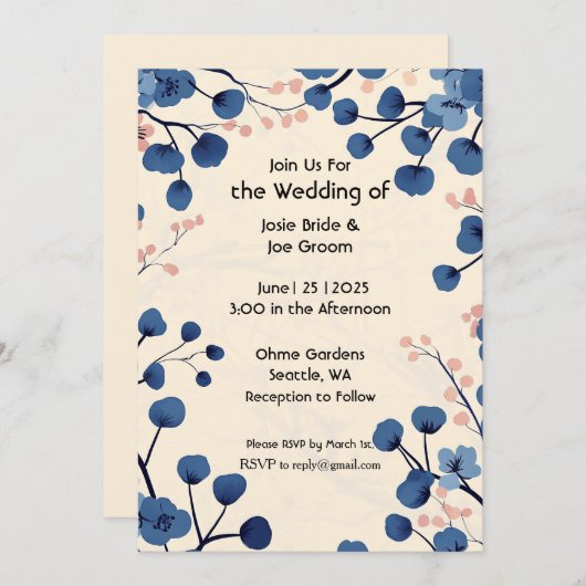 ビューティフルブルーさくらんぼブロッサム結婚式招待状 招待状 (正面/裏面)