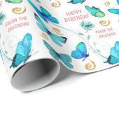 ビューティフルブルーバタフライスワール誕生日 ラッピングペーパー (ロールコーナー)
