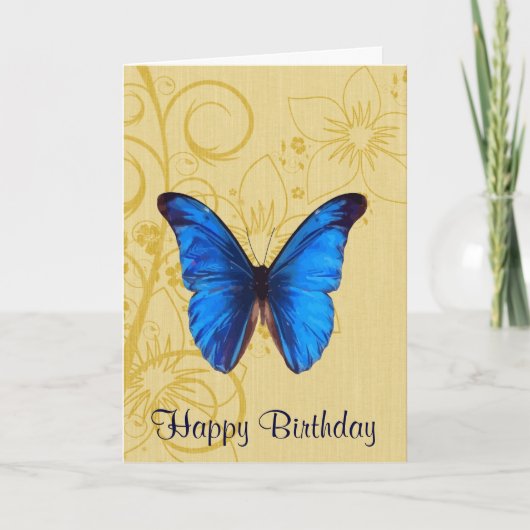 ビューティフルブルーバタフライ誕生日ヴィンテージアート カード (正面)