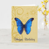 ビューティフルブルーバタフライ誕生日ヴィンテージアート カード (黄色い花)