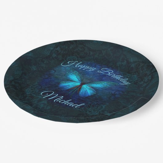 ビューティフルブルーバタフライ誕生日 ペーパープレート (アングル)