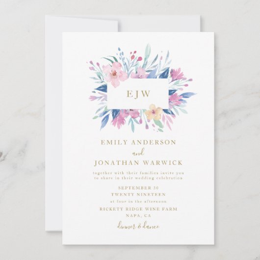 ビューティフルブルーパープルフラワー結婚式招待状 招待状 (正面)