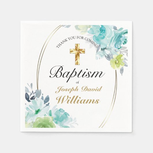 ビューティフルブルーフローラゴールデンクロスベビーバプテスマ スタンダードカクテルナプキン (正面)